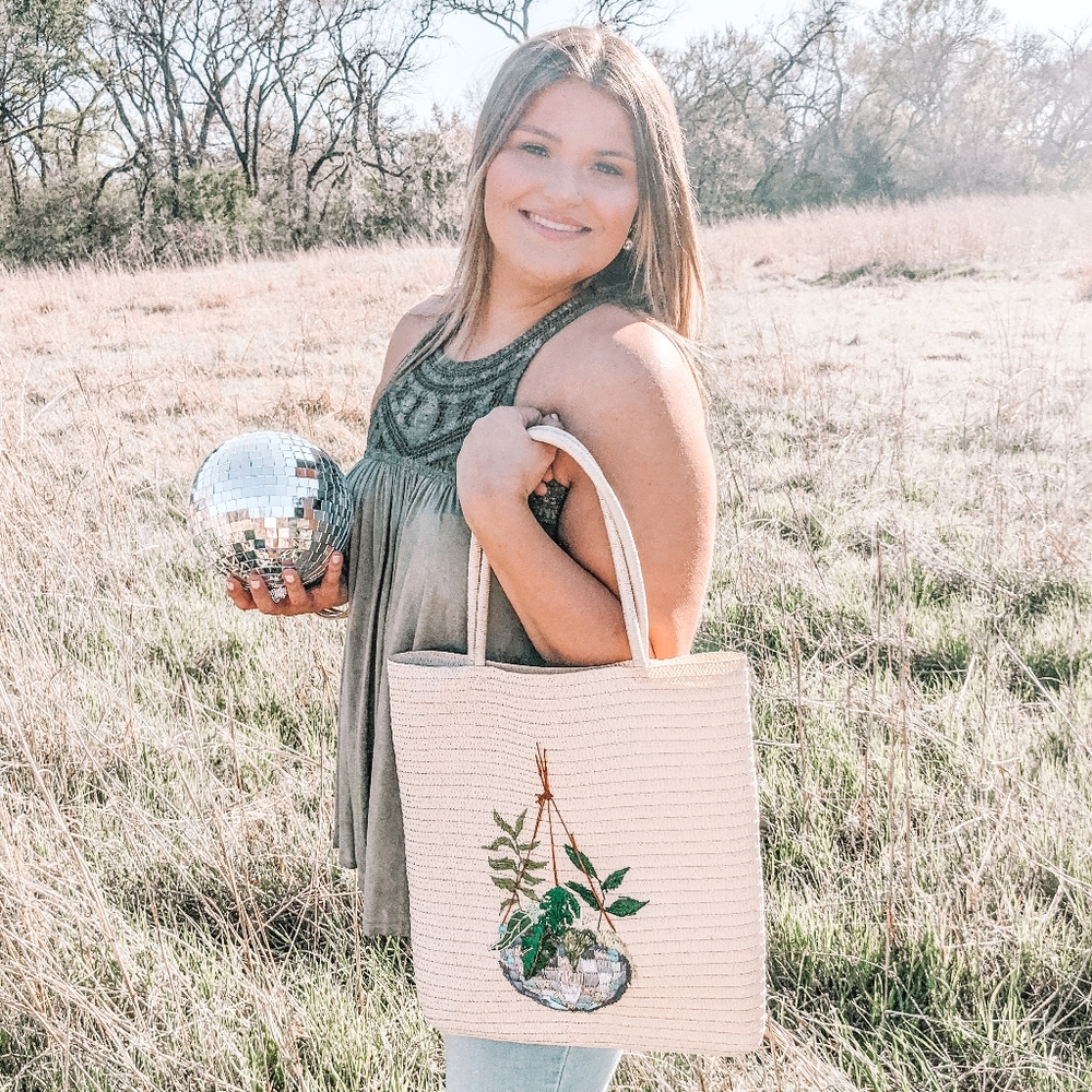 Embroidered disco planter tote bag purse